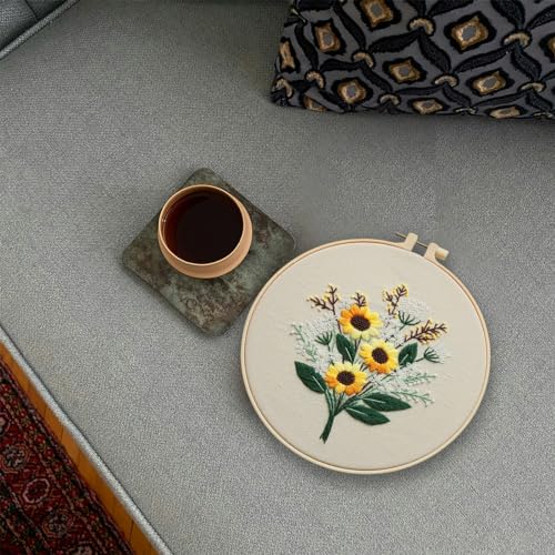 FONNUY Embroidery Kit for Beginners，Plants Flowers Pre-Stamped Pattern Kits for Adults with Hoop, Easy to Follow Needlework (Sunflower) - color: Sunflower