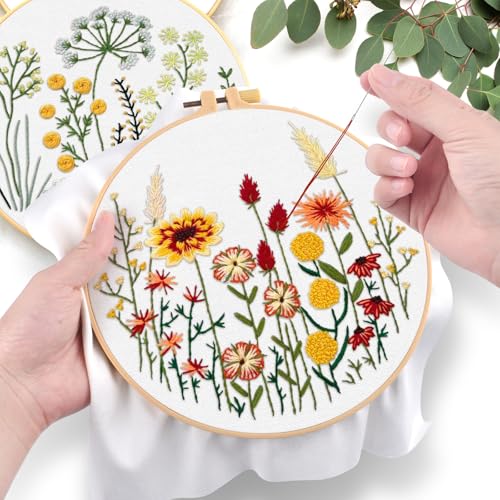 ERKOON Embroidery Kit for Beginners Adult, 2 Set Flower Cross Stitch Set Include Embroidery Cloth Hoops Threads for Craft Lover Hand Stitch with Embroidery Skill Techniques (Flowers and Plants) - color: Flowers and Plants