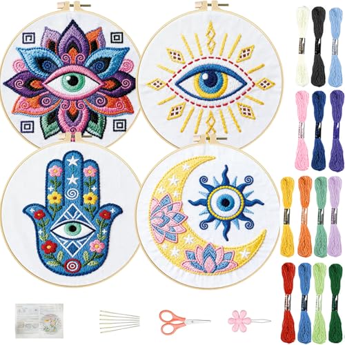 FREEBLOSS 4 Set Embroidery Kit Hamsa Pattern Stamped Embroidery Starter Kit with Step by Step Instructions, Colored Threads, 2 Hoops, Needlepoint Kits for Hand Craft Lovers Gift, 30cm/11.8inch - style: Tarot Elements