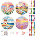 BEUNITONE 4 Set Embroidery Kits for Beginners, Pink Scenery Design with Pre-Stamped Pattern Craft Kits Include Instruction and Hoops, 7.9"x7.9" Needlepoint Kits for Festival Gifts and Home Decor - style: C-Dreamy Scenery