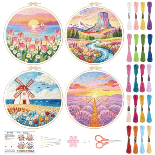 BEUNITONE 4 Set Embroidery Kits for Beginners, Pink Scenery Design with Pre-Stamped Pattern Craft Kits Include Instruction and Hoops, 7.9"x7.9" Needlepoint Kits for Festival Gifts and Home Decor - style: C-Dreamy Scenery