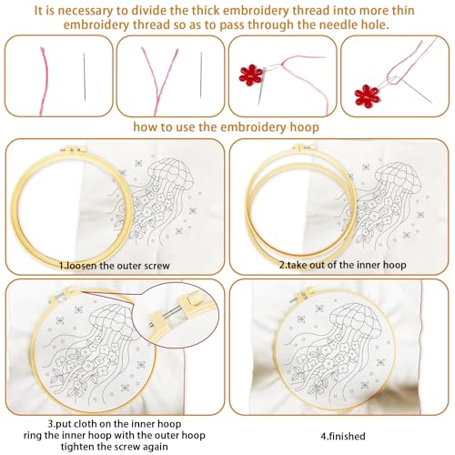 BEUNITONE 4 Pack Beginner Embroidery Kit for Adults, Marine Animals Flowers Pre-Stamped Pattern Needlepoint Kits with Hoops & Instruction, Handmade Embroidery Kits for Fabric and Home Decor 7.9x7.9 - style: A-Marine Animals