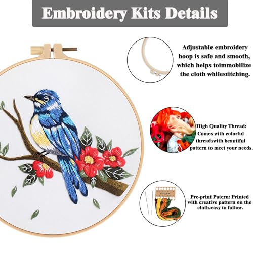 GLTAYLMY 3 Sets Embroidery Kit for Beginners Needlepoint Cross Stitch Kits for Adults,Stitch Learning DIY Kit with Easy Instruction,Stamped Bird Embroidery Patterns,Hoop,Threads,Sewing Hobby - color: BirdEK