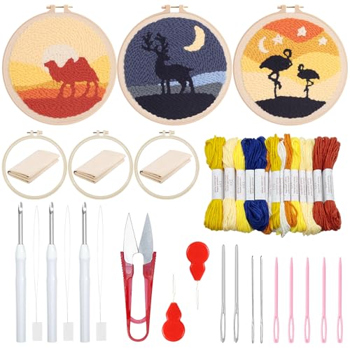 Woohome Punch Needle Kit Included Plastic Hoops, Punch Needle Cloth, Color Yarn and Punch Needle Tools for Adults, Beginners (Camel, Flamingo, Elk) - color: Color 12