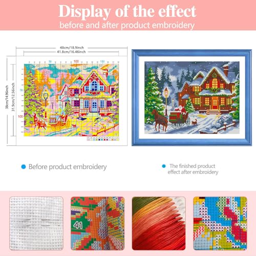 Zhenqing Christmas Snow Night Printed Cross Stitch Kit - 11CT 38x48cm with Threads, Needle & Pattern, No Hoop Needed for Beginners (65830) - color: 65830