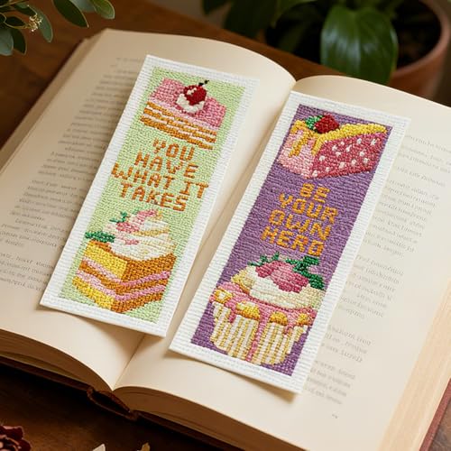 INFUNLY 6PCS Fruit Cake Cross Stitch Bookmark Kit for Adult 3×8.5inch DIY Inspirational Word Embroidery Bookmark Set with Instruction Birthday Cake Counted Cross Stitch Kit for Student Book Lover - style: Fruit Cake