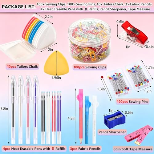 10Pcs Triangle Tailors Chalk with 100Pcs Sewing Clips, 100pcs Straight Pins Set, 4pcs Heat Erasable Fabric Marking Pens with 8 Refills, 3PCS Sewing Fabric Pencils for Quilting Craft Accessories