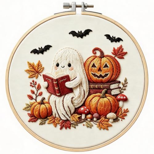 YOUDRN Halloween Ghost Reading Book Embroidery Kit for Beginners Adults - color: Ghost Reading Book
