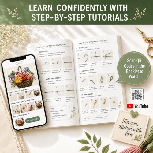 Cikeela Embroidery Stitch Book Beginner with Fabric Pages, 31 Essential Stitches in Structured Learning Order for Adults, DIY Sewing Kit with Floral Motifs, Practice Patterns EmbroideryStitch Book Kit