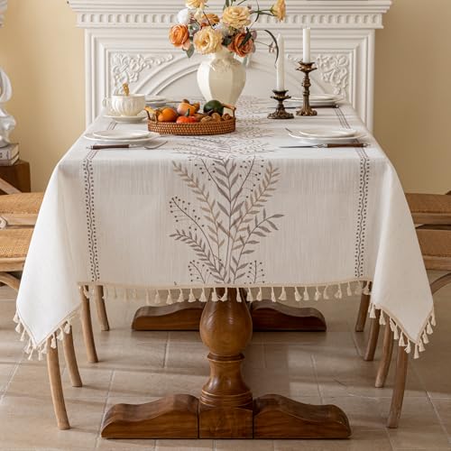 Joyfol Day Rustic Waterproof Linen Tablecloth, Heavy Weight Fern Embroidery Table Cloths for Rectangle Tables, Farmhouse Spill-Proof Table Covers with Tassels, Coffee 55''x 86'' - color: Coffee Fern, size: 86" x 55" (Rectangular)