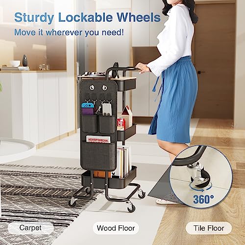 DTK 3 Tier Metal Utility Rolling Cart with Table Top and Side Bags, Tray Storage Organizer Wheels, Art Craft 4 Hooks for Kitchen Bathroom Office Living Room (Black) - color: Black, size: Large