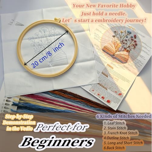 FONNUY Embroidery Kit for Beginners, Flower Book Pre-Stamped Pattern Kits for Adults with Hoop, Cross Stitch Easy to Follow Color Thread Needlework, 8'' Hoop (Blue) - color: Blue