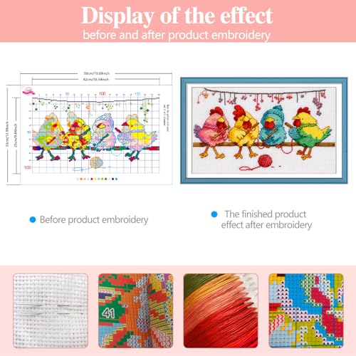 Zhenqing Charming Knitting Chickens Cross Stitch Kit for Beginners - 11CT Printed 12x20inch Aida Cloth, Threads & Needle Included (No Hoop/Scissors)(67427) - color: 67427