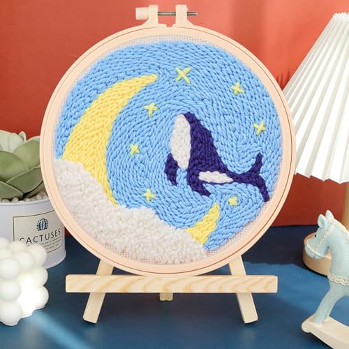 Cheloment 2 Sets Punch Needle Kits with 5mm/3.5mm Punch Needle,Fabric,Threader, Yarns and Hoops Embroidery Starter Kit for Adults Beginner, Perfect for DIY Craft and Decoration (Dolphin&Whale) - size: Dolphin & Whale
