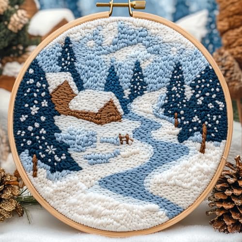 DIY Punch Needle Kits Winter Snow Christmas Scenery with Hoop 20x20cm-1 - color: 09Snow House
