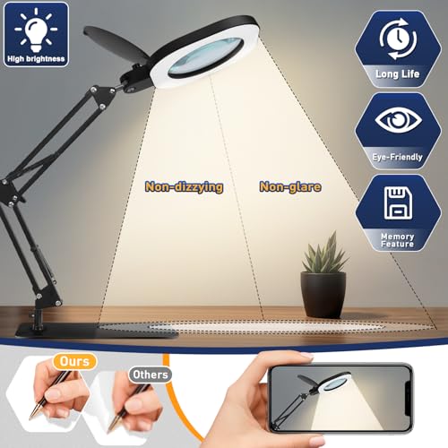 Magnifying Glass with Light and Stand,15x 3in1 Magnifying Lamp, 5 Color Stepless Dimmable,80 Led Desk&Floor Lamp with Lighted Magnifying Glass,Hands Free Magnifying Glasses for Close Work