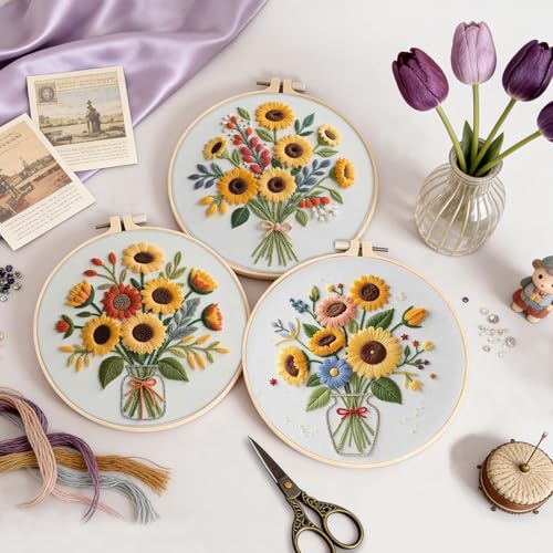 Uniartfy 3 Sets Sunflower Embroidery Kits for Beginners, Needlepoint Kits for Adults, Cross Stitch Kit with Cloth, Hoop, Threads and Instruction, Easy to Learn Embroidery Starter Kit for Craft Lover - color: Embroidery Kit-K