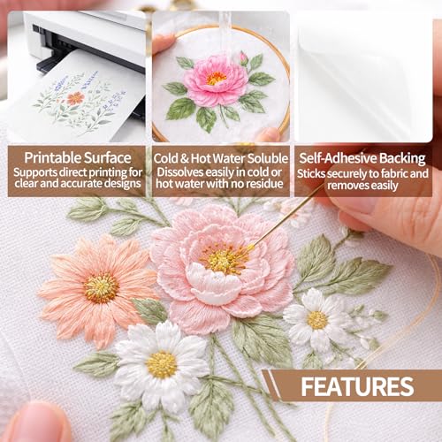 Creztail Sticky Water Soluble Embroidery Stabilizer Paper, 8PCS 8.5"x11" Printable Embroidery Transfer Paper, Stick and Stitch Wash Away Stabilizer, Medium Weight for Hand and Machine Embroidery - size: 8pcs