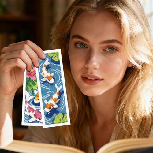 INFUNLY 6 Set Koi Fish DIY Cross Stitch Bookmark Kits for Adults Lotus Pond Counted Cross Stitch Kit with Instructions Koi Fishes Stamped Embroidery Bookmark Kit for Book Lovers Readers Gift - style: Koi Fish