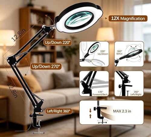 12X Magnifying Glass with Light and Clamp, 84 LEDs Real Glass Lens Magnifying Lamp for Close Work, Repair, Reading, Craft（Top Button） - color: Black 2