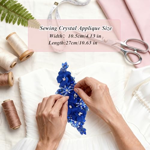 Handmade 3D Flower Embroidery Applique Rhinestone Lace Patches, Royal Blue - color: Royal Blue