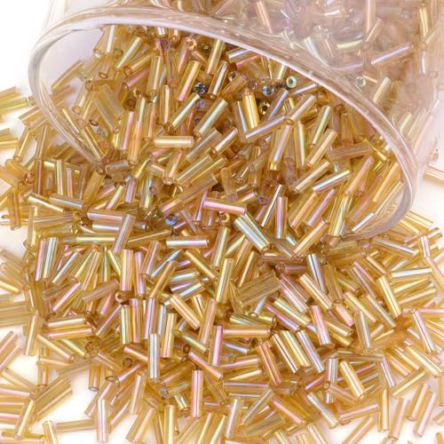 4000 Pcs Champagne Gold Glass Bugle Beads, 2 x 7 mm Embroidery Beads, Small Long Tube Seed Beads for Embroidery Craft Jewelry Making - color: Champagne Gold