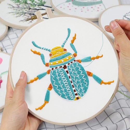 Louise Maelys Beetle Embroidery Kit for Beginners 3 Pack Nature DIY Set - color: beetle flower
