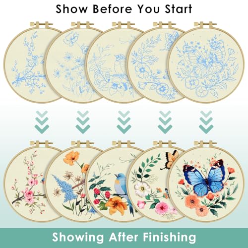 ERKOON 5 Sets Embroidery Kit for Beginners Adult Bird Flower Cross Stitch - color: Butterfly and Hummingbird