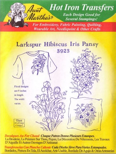 Larkspur, Hibiscus, Iris, & Pansy Aunt Martha's Hot Iron Embroidery Transfer