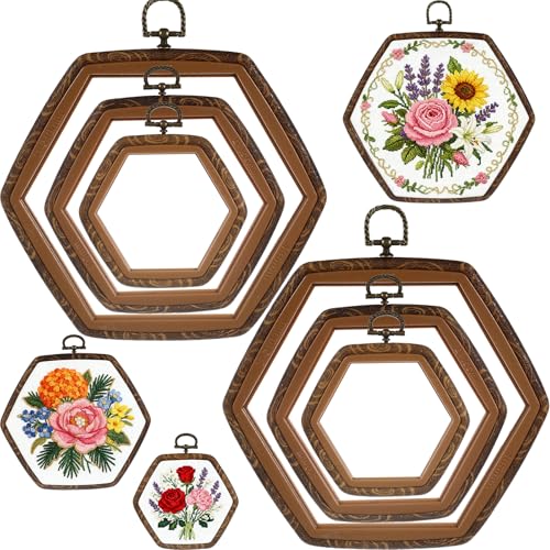 BrightRow 6 Pcs Large Embroidery Hoop Set Decorative Imitated Wood Display Frame Cross Stitch Hoop Ring for Art Craft DIY Sewing and Hanging Ornaments Decor(Hexagon,10.5+15.5+21 cm) - size: 10.5+15.5+21 cm, style: Hexagon