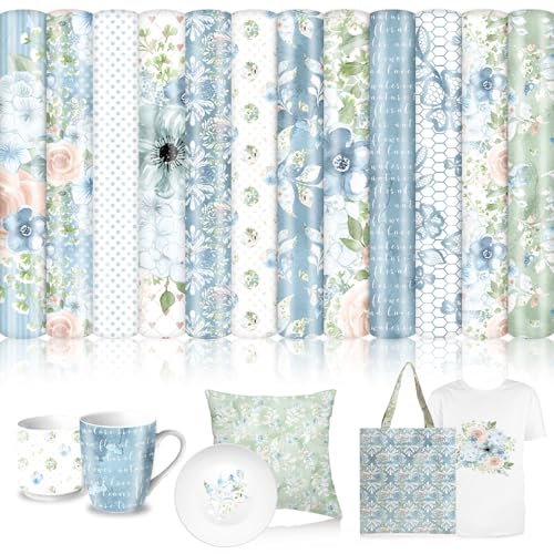 JarThenaAMCS 12 Sheet Blue Floral Heat Transfer Vinyl Watercolor Flower HTV Iron on Vinyl Blue Adhesive Vinyls for Mugs DIY Crafts Fabric T-Shirt Supplies, 10 x 12 Inch