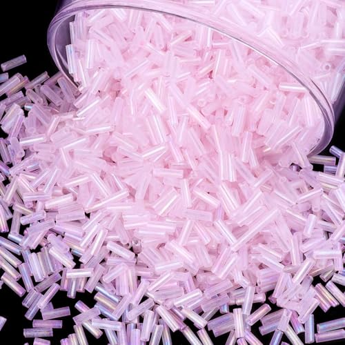 4000 Pcs Pastel Pink Glass Bugle Beads, 2 x 7 mm Embroidery Beads, Small Long Tube Seed Beads for Embroidery Craft Jewelry Making - color: Pastel Pink