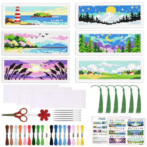 ACRNIGHEET 6PCS Cross Stitch Bookmark Kit for Beginner Stamped Cross Stitch Kits for Adults Horizontal DIY Tassel Embroidery Bookmark Kits Needlepoint Kit with Instructions Craft Gift 8.5''x3'' 11CT - style: Horizontal Scenery with Tassel