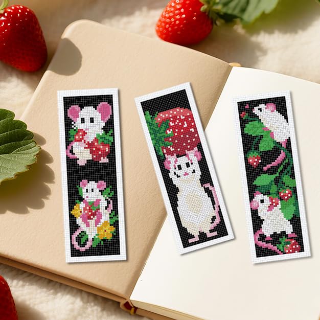 INFUNLY 6 Set White Mouse DIY Cross Stitch Bookmark Kits for Beginners Strawberry Counted Cross Stitch Kit with Instruction Cute Mice Fruit Embroidery Bookmark Kit for Book Lovers Readers Gift - style: Mice and Strawberries