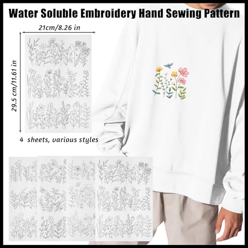 Water Soluble Embroidery Stabilizer, 4 Sheets Water Soluble Stabilizer for Embroidery Patterns Stick and Stitch Embroidery-Paper Designs Transfer Paper with Pre-Printed Flower Leave for Hand Sewing