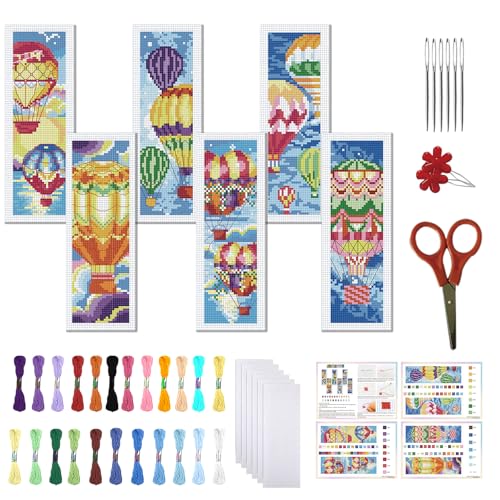 FREEBLOSS 6 Set Cross Stitch Bookmark Kit 11 CT Stamped Cross Stitch Kit DIY Embroidery Bookmark Kits for Adult Beginners with Instructions, Hot Air Balloon, 6 x 20 cm/8" x 2.4" - style: Hot Air Balloon