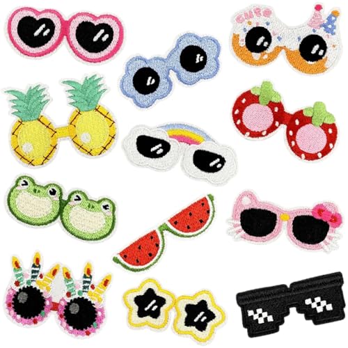 12Pcs Cute Glasses Iron on Patches, Cartoon Embroidered Applique for Hats - color: 12PCS Cute Glasses