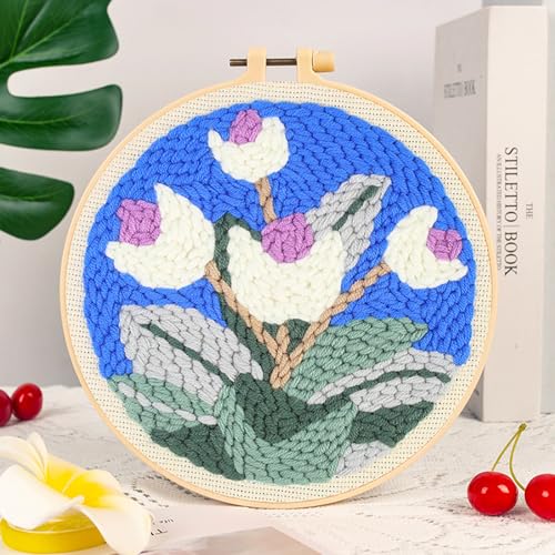 Woohome Punch Needle Kit Included Plastic Hoops, Punch Needle Cloth, Color Yarn and Punch Needle Tools for Adults, Beginners (White, Pink and Purple Flowers) - color: Color 20
