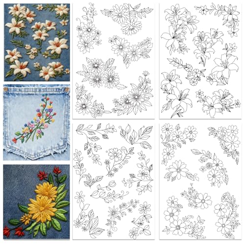 ORIGACH 4 Sheets Water Soluble Embroidery Patterns Stabilizers - Pre-Printed 4 Styles Corner Flowers Designs - Stick & Stitch Embroidery Paper for Hand Sewing Lovers - color: Corner Flowers