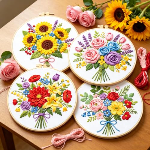BEUNITONE 4pcs Embroidery Kit, Flower Stamped Embroidery Kits with Hoop, Thread & Needles, Colorful Bouquet Cross Stitch Kits Sewing Gifts for Adults and Beginners, DIY Craft for Relaxation - style: B-Bouquet