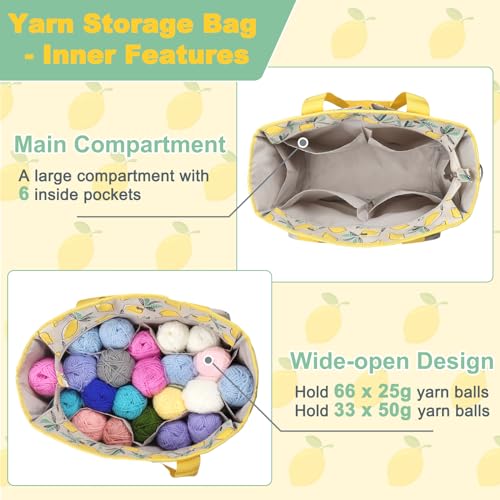 Aeelike Yarn Storage Bag Organizer, Large Crochet Tote Bag, Yellow Lemon - color: Yellow Lemon