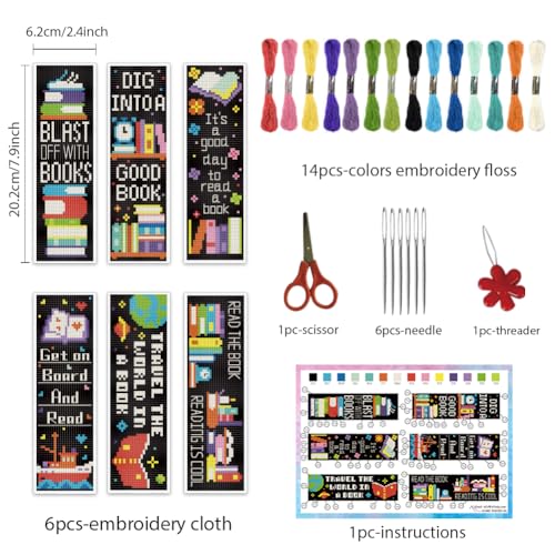 INFUNLY 6PCS Book Theme Cross Stitch Bookmark Kits 8''x2.4'' Study Bookmark Making Kit Good Book DIY Stamped Embroidery Bookmarks for Beginners with Instruction for Book Lovers Reader Writers Gift - style: Book Theme