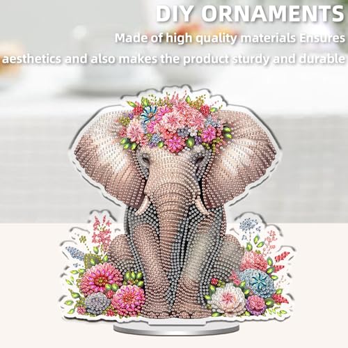 POETRYDRAW DIY Diamond Art Ornament Desktop Kit Elephant, Stand Up Acrylic Diamonds Painting Ornament for Adults, 5D Special Diamond Gem Craft Tabletop Placement Board Kit - color: Elephant Flower