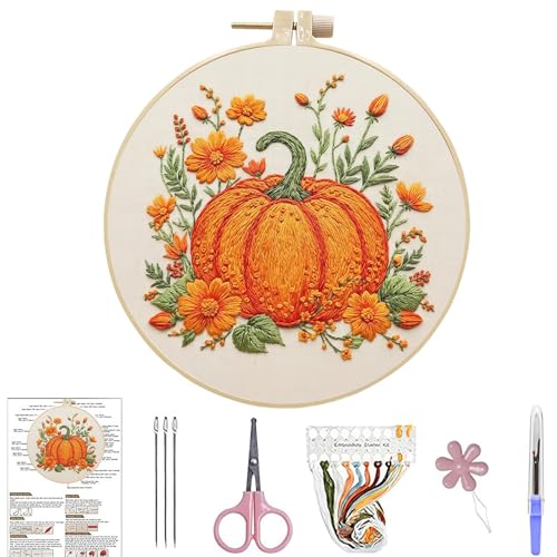 ARTopet Embroidery Kit for Adults Beginners Flower DIY Craft Starter Set Cotton Needlepoint Set with 7.87In Hoop Threads Tools Perfect Gifts for Hobbyists to Create Wall Art-Pumpkin - color: Pumpkin