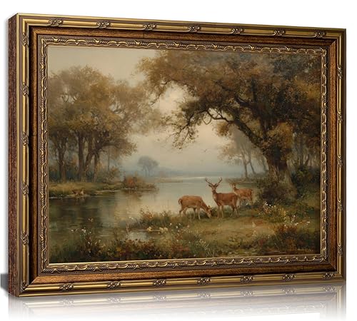 Gold Framed Vintage Forest Deer Canvas Wall Art Farmhouse Cottage Wild Animals Landscape Painting Picture Wall Decor Poster Prints Artwork for Bedroom Office Gallery Home Decoration - color: Wild animals, size: 16"L x 12"W