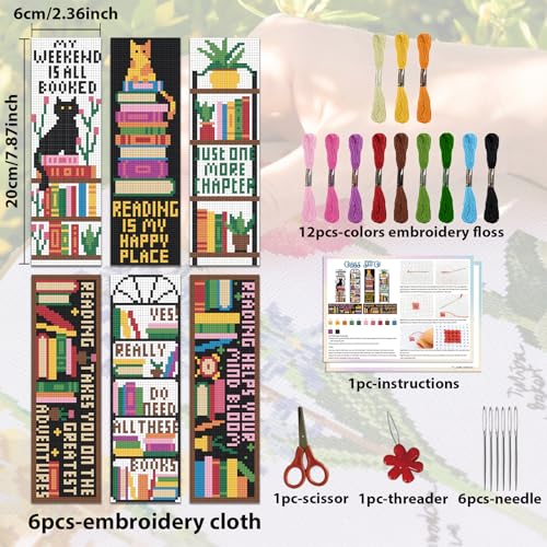 ACRNIGHEET 6PCS Counted Cross Stitch Bookmark Kits for Beginners Bookshelf - style: Words and bookshelf patterns