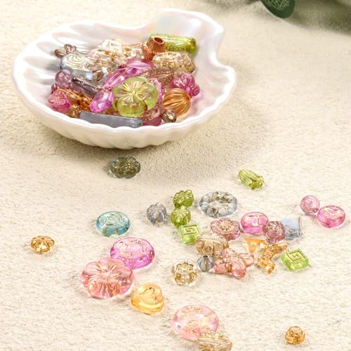 50-70 Pcs Cute Assorted Kawaii Aesthetic Beads Assorted Bohemia Acrylic Beads Heart Butterfly Flower Round Oval Czech Bead Bulk Metal Enlaced Transparent Aesthetic Bead for Jewelry Making DIY Craft