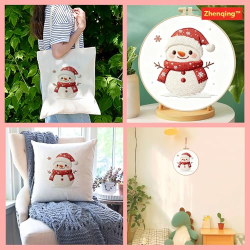 Zhenqing Snowman Embroidery Kit for Beginners, Christmas Winter Needlework Kit with Pre-Printed Cotton Fabric, 20cm Hoop, Threads & Tools (C0146) - style: Christmas Snowman