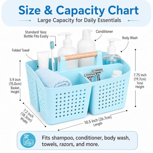 Portable Shower Caddy Basket with 3 Compartments and Handle, Light Blue - color: Light Blue