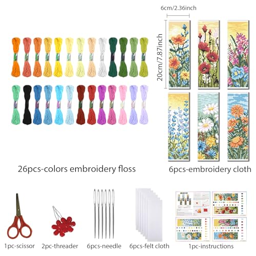 FREEBLOSS 6 Set 11CT Cross Stitch Bookmark Kit 8x2.4inch Wild Flowers - style: Wild Flowers